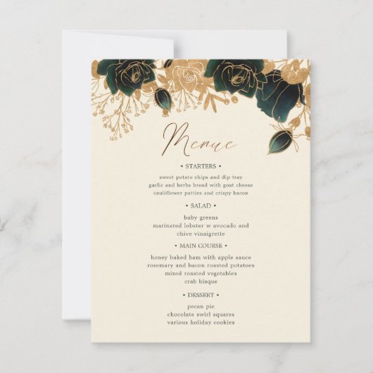 Watercolor Gold Rose Tischnummer und Hochzeitsmenü (Vorderseite)