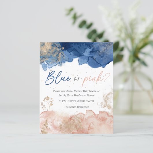 Watercolor Gold Splash Gender Offenbarung Einladun (Stehend Vorderseite)