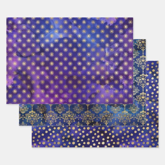 Watercolor Gold Starry & Damask Patterns Geschenkpapier Set (Set)