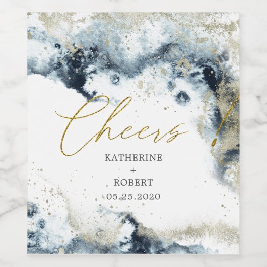 Watercolor Gold Waves Hochzeitweiliges Wine Label Weinetikett (Einzelnes Label)