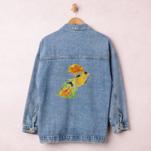 Watercolor Goldfinch Bird Marigold Garden Blume Jeansjacke