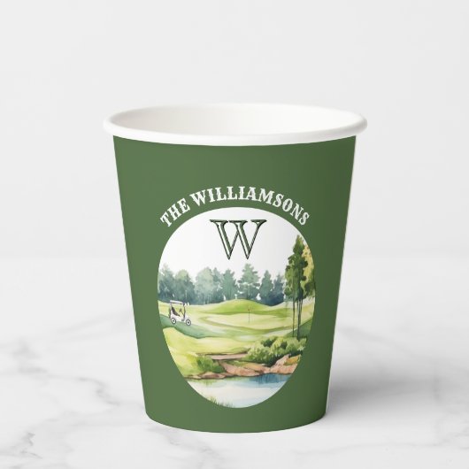 Watercolor Golf Oriented Course Cart Pappbecher (Rückseite)