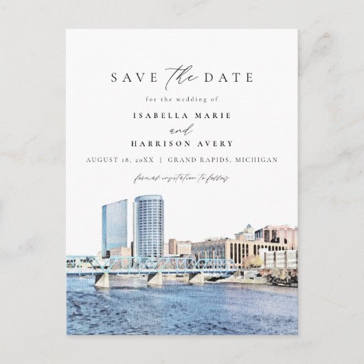 Watercolor Grand Rapids Michigan City Skyline Postkarte (Vorderseite)