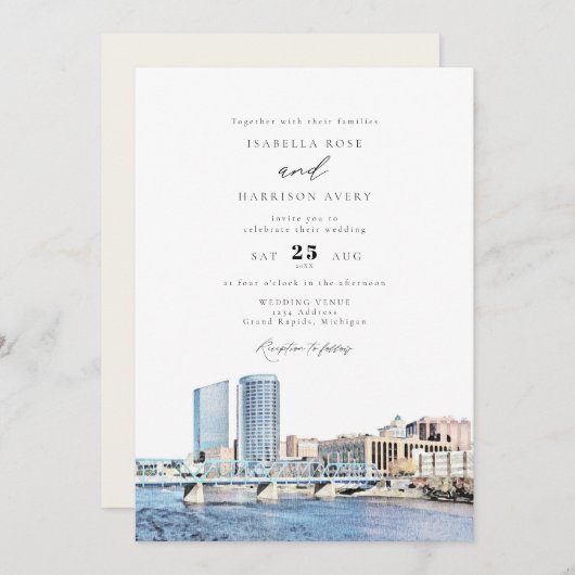 Watercolor Grand Rapids Michigan Skyline Wedding Einladung (Vorne/Hinten)