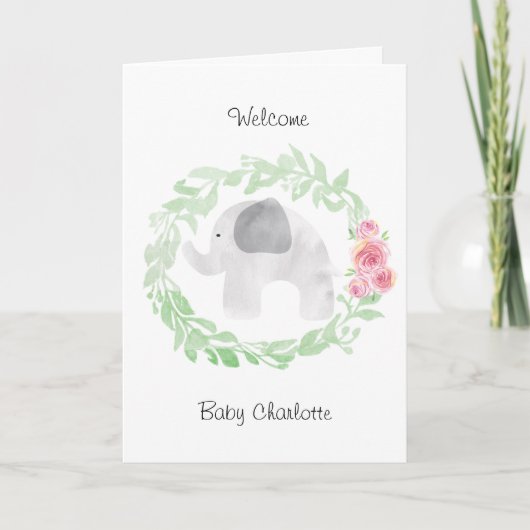 Watercolor Gray Elephant Welcome Baby Karte (Vorderseite)