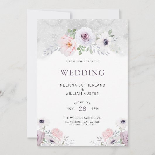 Watercolor Gray Lilac Blush Bloral Wedding Einladung (Vorderseite)