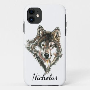 Watercolor Gray Wolf Individuelle Name Case-Mate iPhone Hülle
