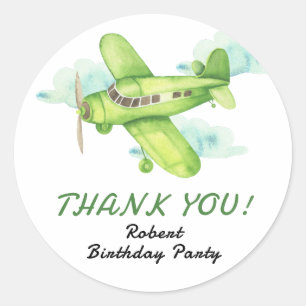 Watercolor Green Airplane Geburtstag vielen Dank Runder Aufkleber