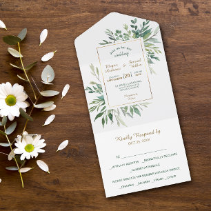 Watercolor Green Blätter Gold Frame Wedding All In One Einladung