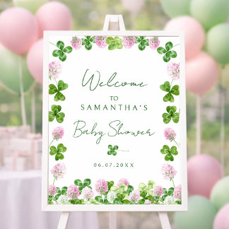 Watercolor Green Clovers Baby Shower Welcome Sign Poster