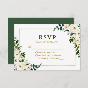 Watercolor Green Floral Gold Frame Wedding RSVP Karte