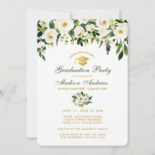 Watercolor Green Floral Graduation Party Einladung (Vorderseite)