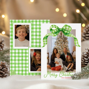 Watercolor Green Gingham Bow Weihnachts-Foto Feiertagskarte
