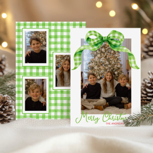 Watercolor Green Gingham Bow Weihnachts-Foto Feiertagskarte