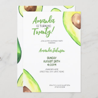 Watercolor Green Girly Avocado Geburtstag Einladung