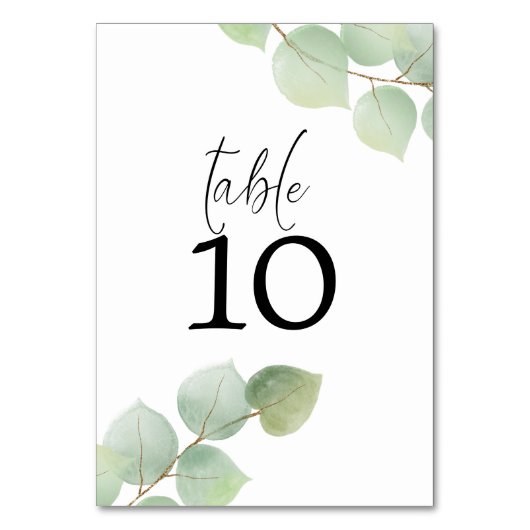 Watercolor Green Gold Eukalyptus Script Wedding Tischnummer (Rückseite)