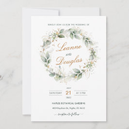 Watercolor green & gold foliage Wraath Wedding Einladung