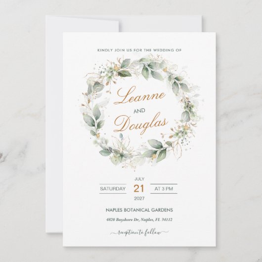 Watercolor green & gold foliage Wraath Wedding Einladung (Vorderseite)