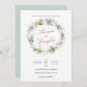Watercolor green & gold foliage Wraath Wedding Einladung (Vorne/Hinten)