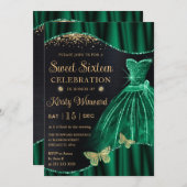 Watercolor Green Gold Glitzer Dress 16 . Geburtsta Einladung (Vorne/Hinten)