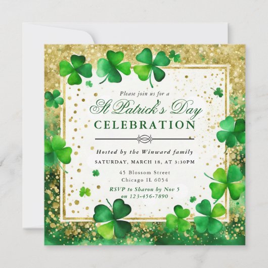 Watercolor Green & Gold Kleeblatt St Patrick's Day Einladung (Vorderseite)