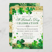 Watercolor Green & Gold Kleeblatt St Patrick's Day Einladung (Vorne/Hinten)