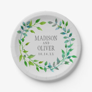 Watercolor Green Leaaf Wreath Hochzeit Pappteller