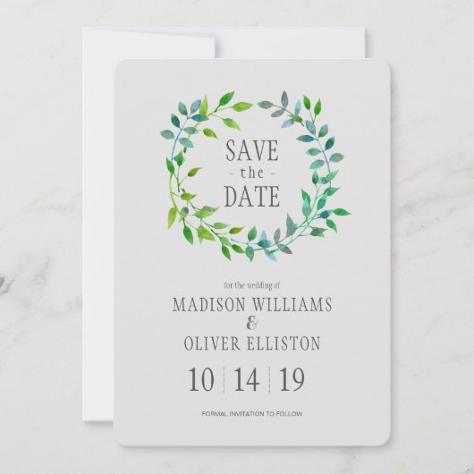 Watercolor Green Leaaf Wreath | Save The Date (Vorderseite)