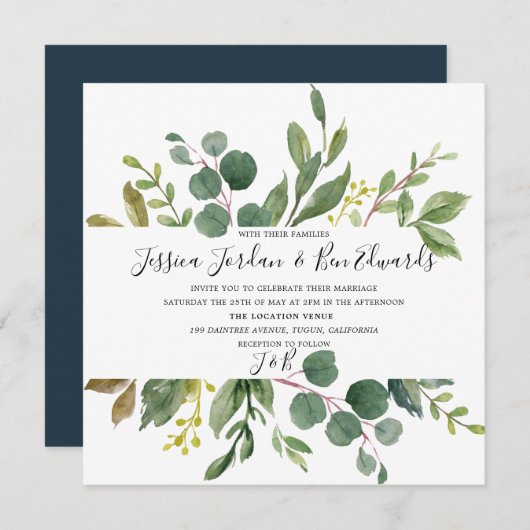 Watercolor Green Leaf Wedding Einladung (Vorne/Hinten)