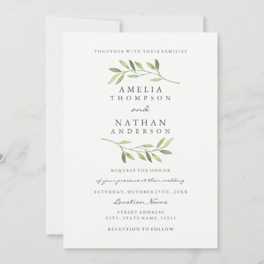 Watercolor Green Leaf Wedding Einladung (Vorderseite)
