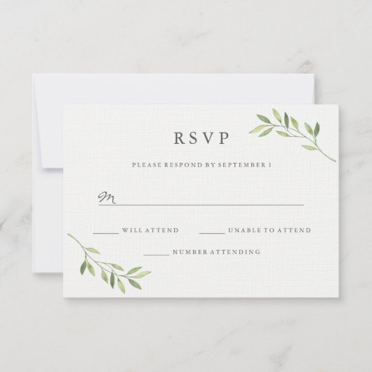 Watercolor Green Leaf Wedding RSVP Karte (Vorderseite)