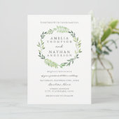 Watercolor Green Leaf Wreath Wedding Einladung (Stehend Vorderseite)