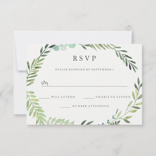 Watercolor Green Leaf Wreath Wedding RSVP (Vorderseite)