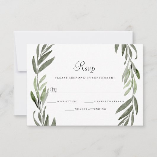 Watercolor Green Leaf Wreath Wedding RSVP Karte (Vorderseite)
