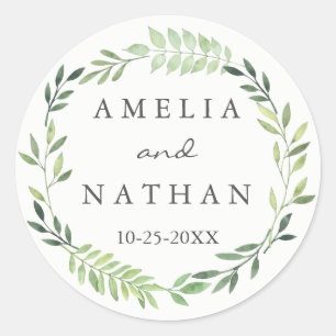 Watercolor Green Leaf Wreath Wedding Sticker
