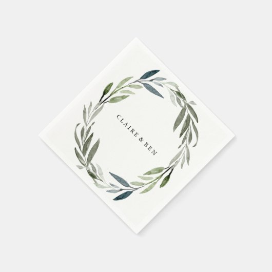 Watercolor Green Leaf Wreath Wedkin Napkin Serviette (Ecke)