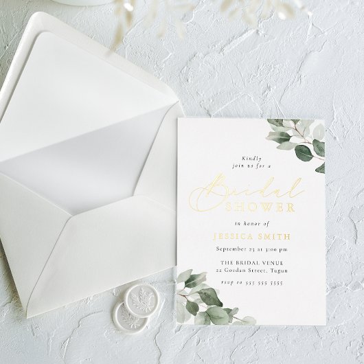 Watercolor Green Leaves Bridal Shower Gold Folieneinladung