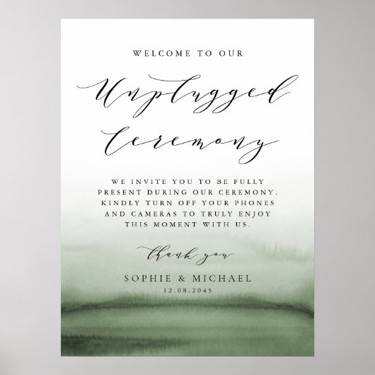 Watercolor Green Ombre Unplugged Wedding Zeremonie Poster (Vorne)