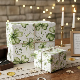 Watercolor Green Shamrocks Three Leaf Clovers Geschenkpapier