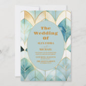 Watercolor Green und Gold Art Deco Hochzeit Einladung (Vorderseite)