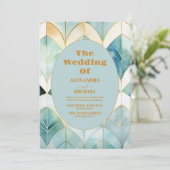 Watercolor Green und Gold Art Deco Hochzeit Einladung (Stehend Vorderseite)