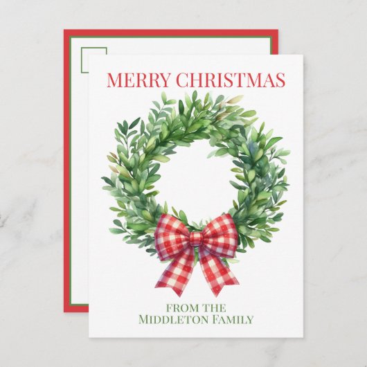 Watercolor Green Wreath With Red Gingham Bow Postkarte (Vorne/Hinten)