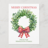 Watercolor Green Wreath With Red Gingham Bow Postkarte (Vorderseite)
