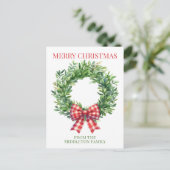 Watercolor Green Wreath With Red Gingham Bow Postkarte (Stehend Vorderseite)