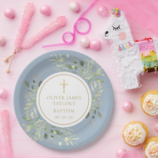 Watercolor Greenerity Baptism Christening Blue Pappteller (Party)