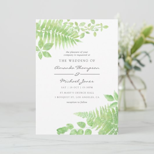 Watercolor Greenerity Foliage Hochzeit Einladung (Stehend Vorderseite)