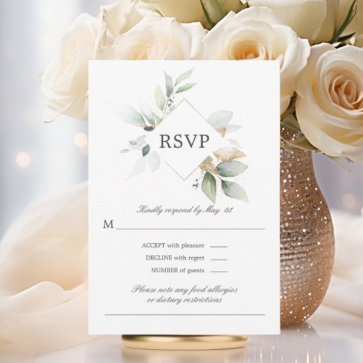 Watercolor Greenerity Gold Blätter Hochzeit RSVP C Karte