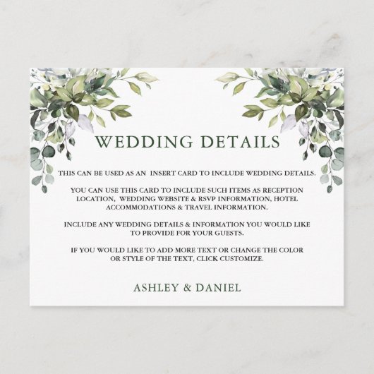 Watercolor Greenerity Wedding Details Beilage Kart Postkarte (Vorderseite)