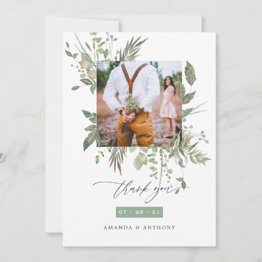 Watercolor Greenerity Wedding Foto Dankeskarte (Vorderseite)