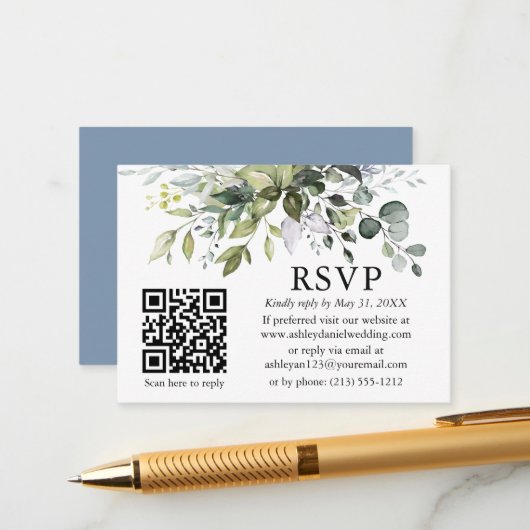 Watercolor Greenerity Wedding QR UAWG Dusty Blue Begleitkarte (Vorderseite/Rückseite Beispiel)